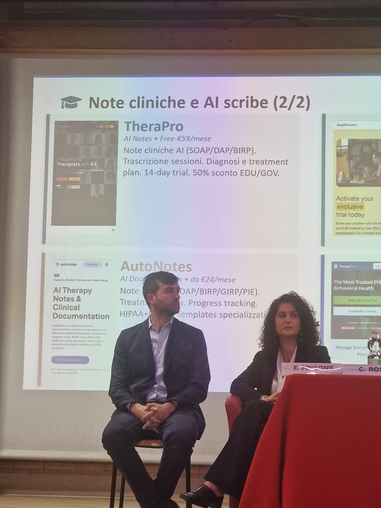 Slide "Note cliniche e AI scribe" — TheraPro tra i tool presentati al convegno
