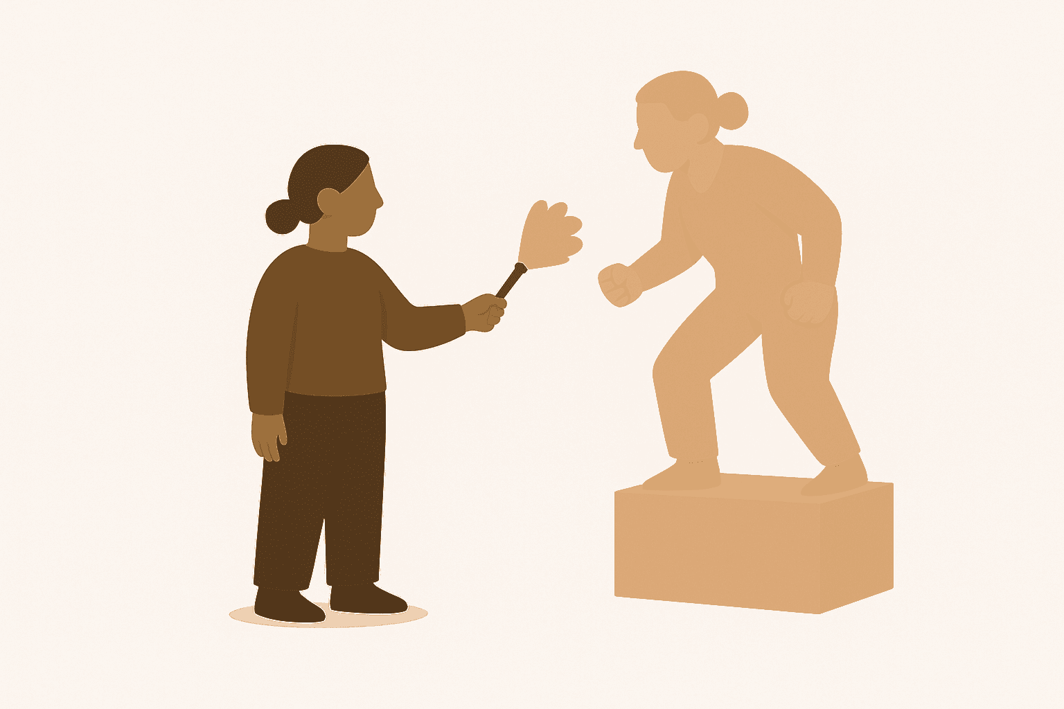 Illustrazione piatta in monocromo terracotta su fondo crema: una donna stilizzata, senza tratti del viso, spolvera con calma con un piumino una statua di se stessa posata su un piedistallo; la statua, color pietra chiara, è fissata in uno scatto di rabbia, il busto in avanti e i pugni stretti