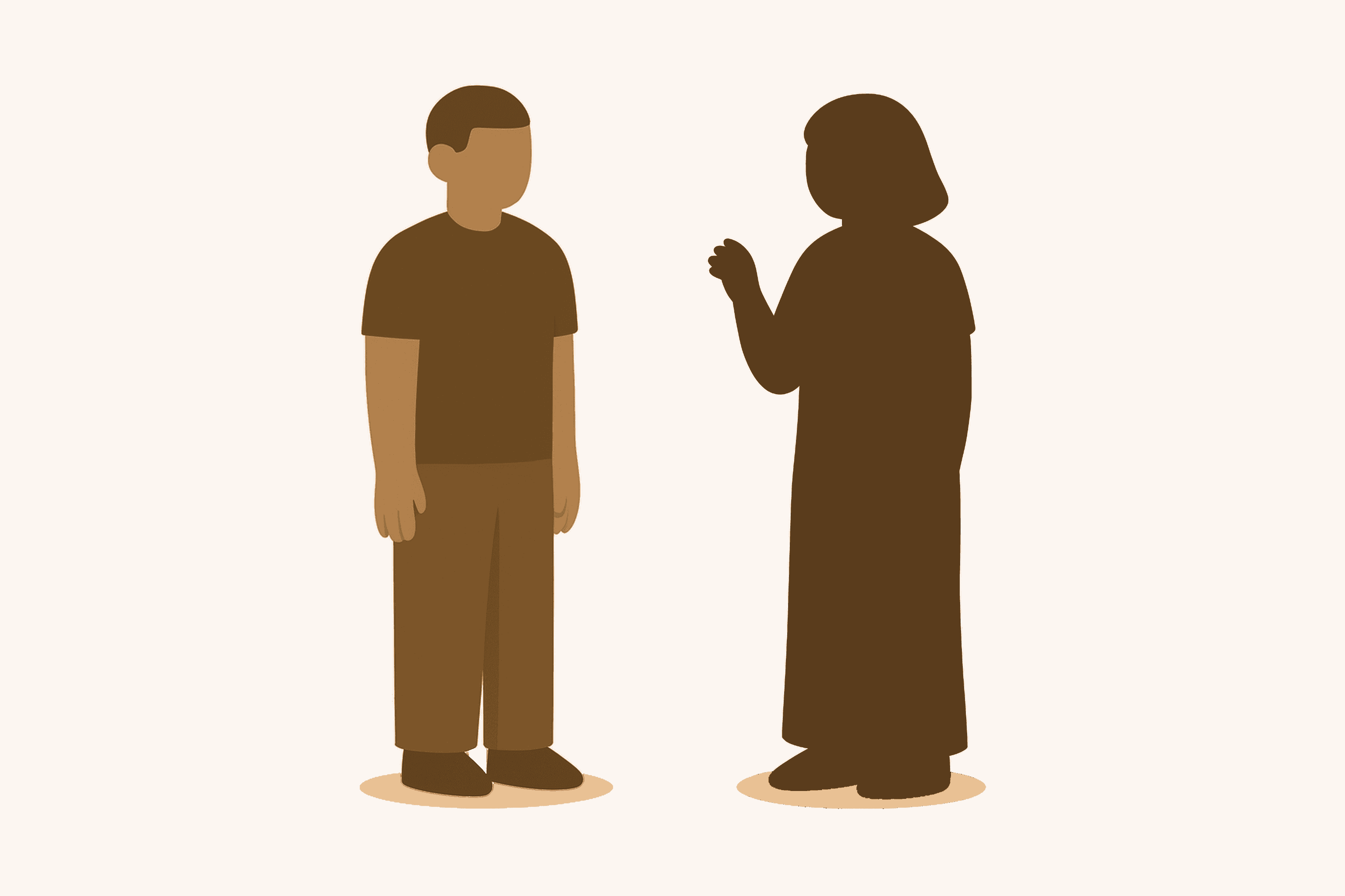 Illustrazione piatta in gradazioni di terracotta su fondo crema: due figure in piedi separate da un ampio vuoto. A sinistra un uomo reso per intero, braccia lungo i fianchi; a destra una donna ridotta a una campitura piena di bruno scuro, senza volto, la mano a mezz'aria nel gesto di chi sta per rispondere — il buio ha la forma del suo corpo, e l'altro non se ne accorge